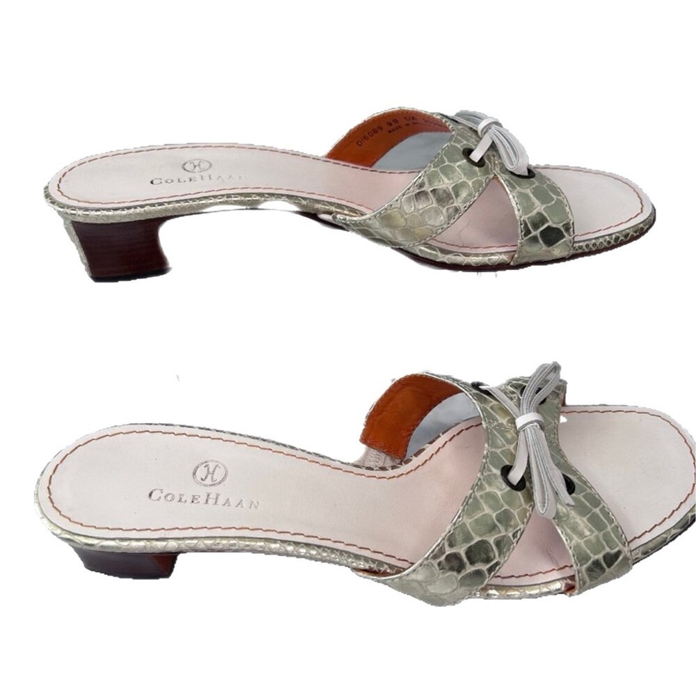 Cole Haan Gold Heels Bow Sandals Mules Slides Slip-On Kitty Heel Snakeskin Sz 9